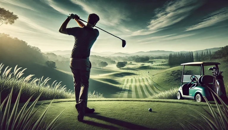 DALL·E-2024-10-23-23.20.37-A-golfer-in-mid-swing-on-a-beautiful-golf-course-with-a-natural-background-featuring-rolling-green-hills-clear-blue-skies-and-distant-trees.-The-go
